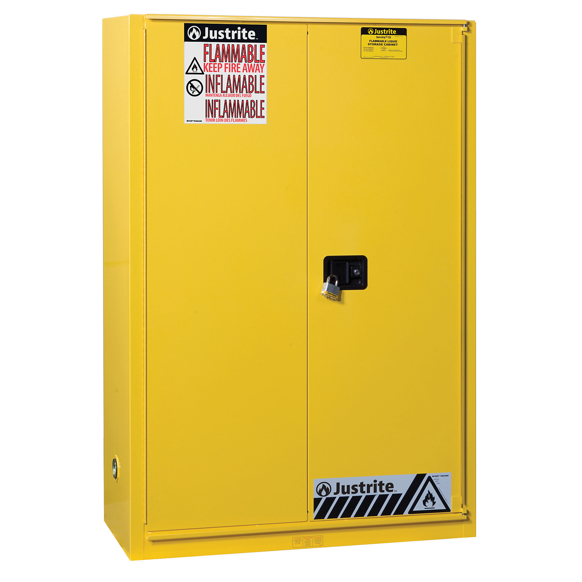 Justrite Paint Safety Cabinet — 60 Gallon, 5 Shelves, Bi-Fold Self-Close Door, Sure-Grip EX, Yellow, Model# 894590